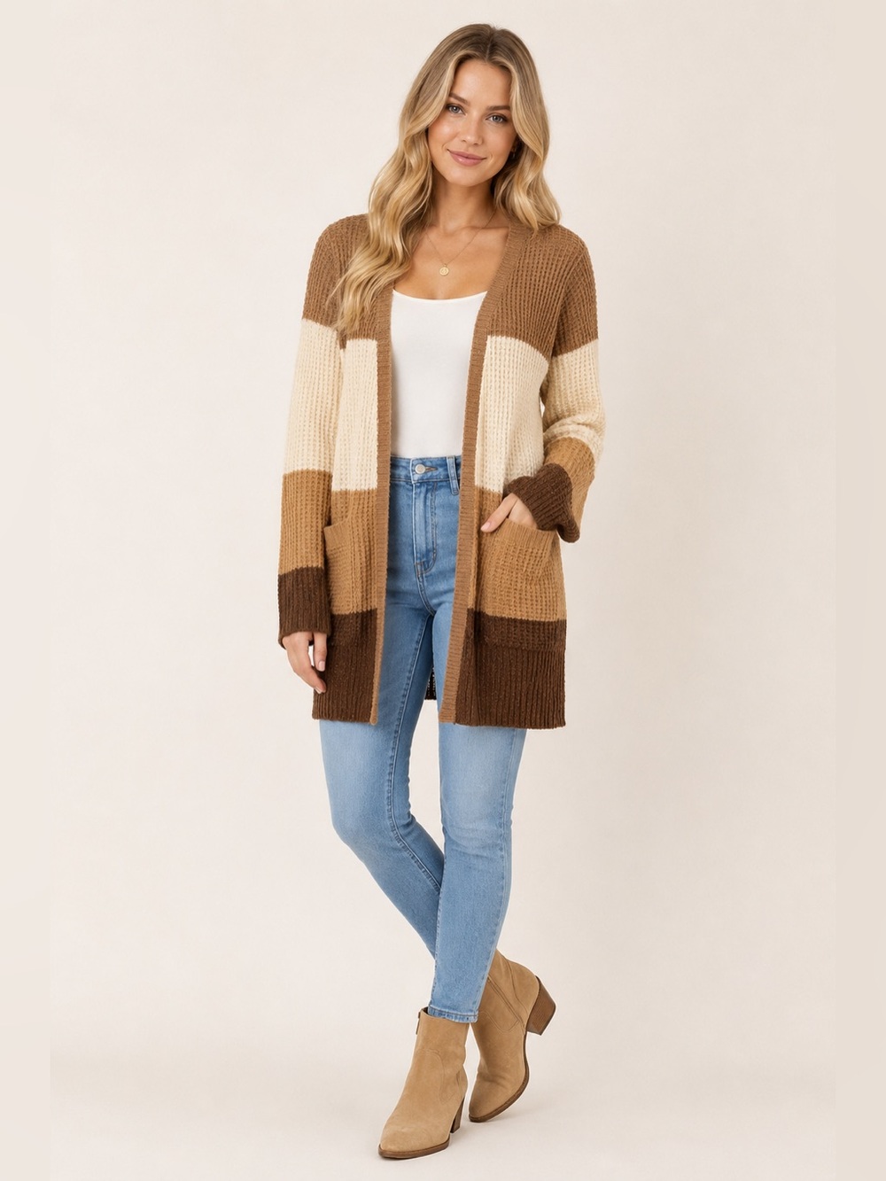 Moondance Colorblock Waffle Knit Cardigan Small Brown Cream Open Front Cozy
